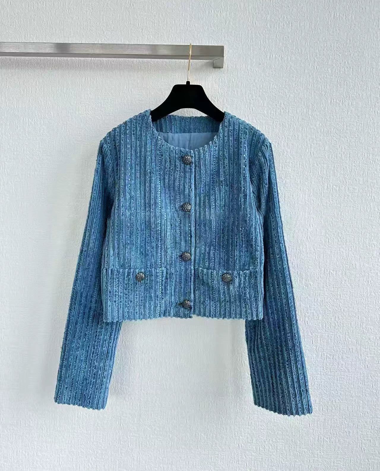 2026 early spring high-end heavy industry retro blue shiny corduroy foreign style fashionable jacket short coat cardigan