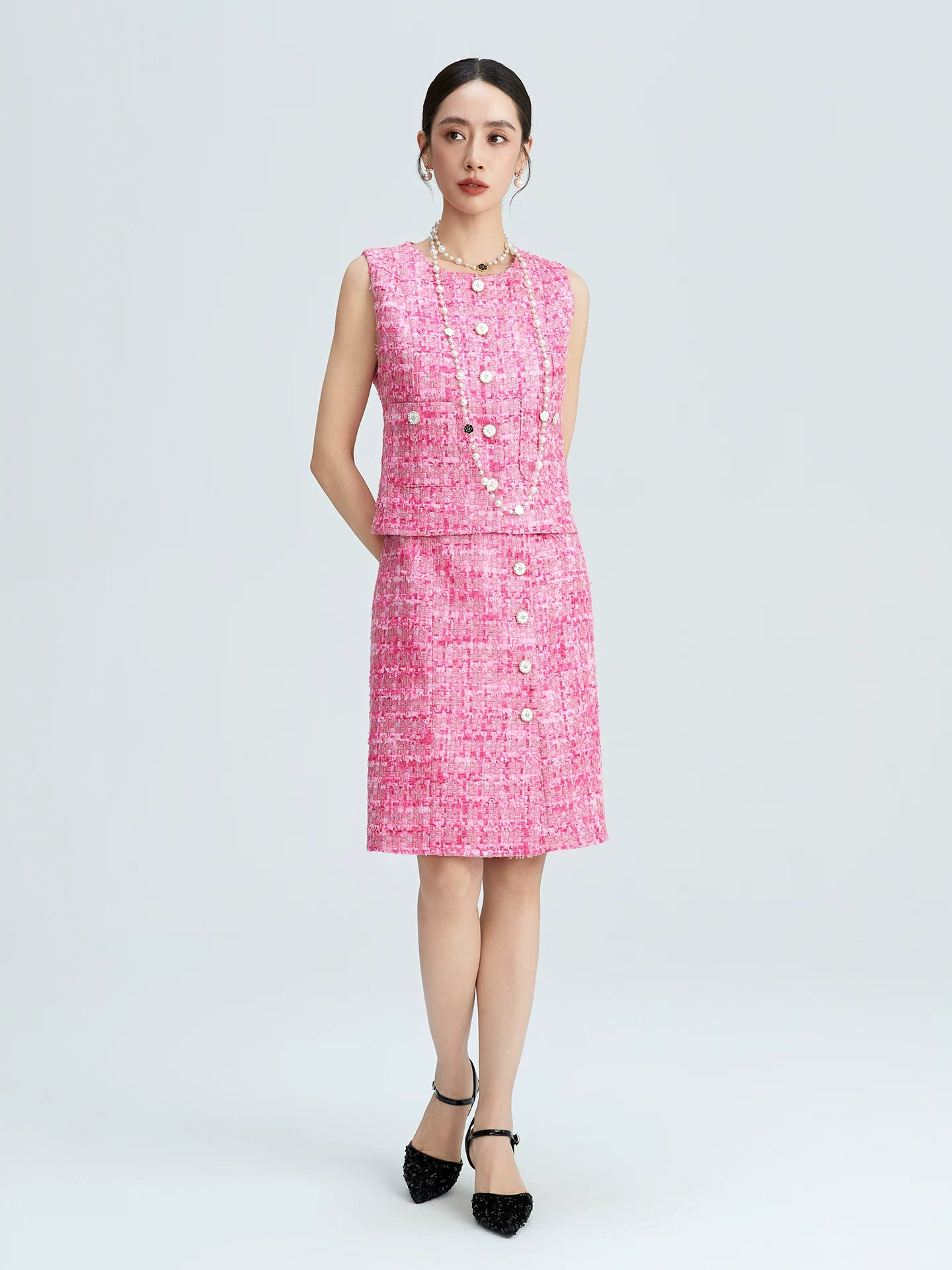 Pink tweed celebrity suit elegant temperament vest vest skirt high-end temperament suit