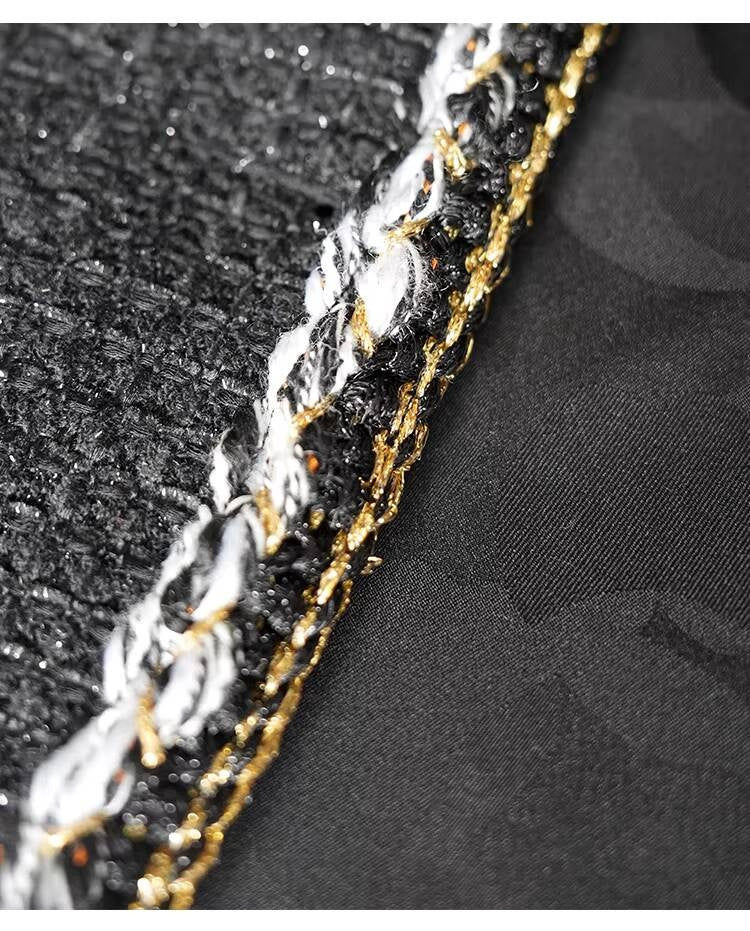 Little Black Long Style Elegant Coat for Women Mid-Length Metal Buckle Decorated Wool Tweed