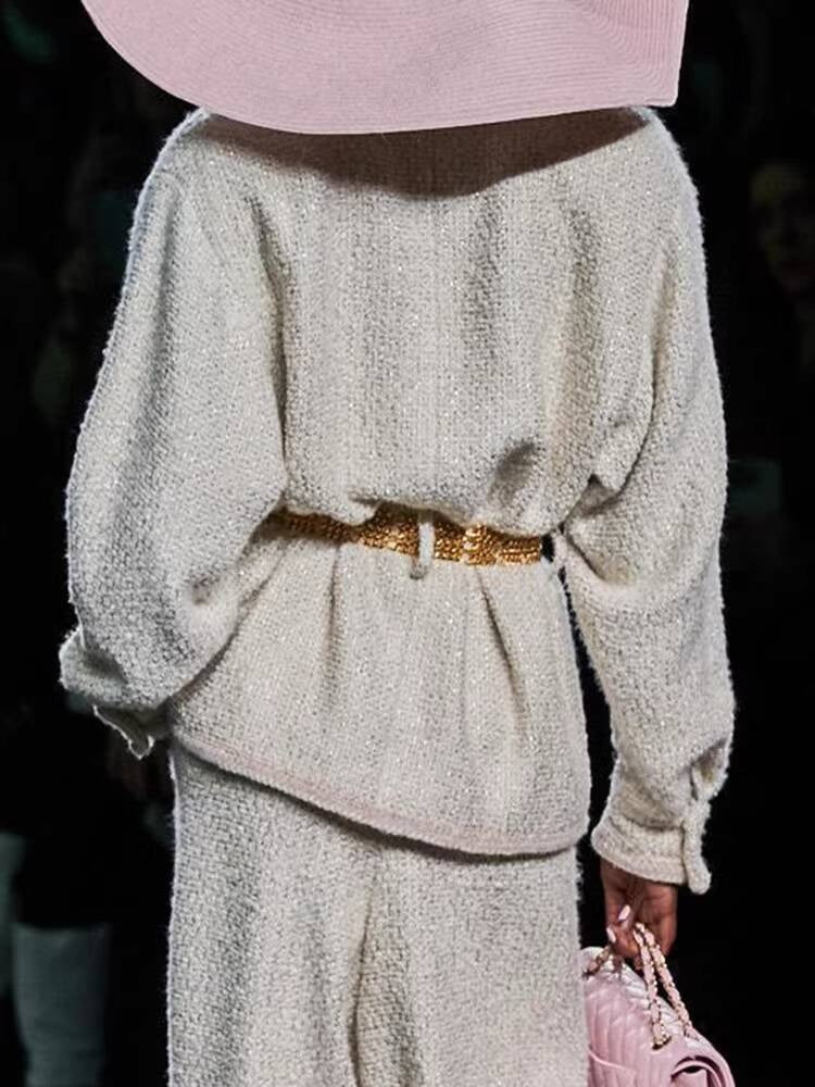 Autumn Winter New Off-White Wool Coat Wide-Leg Bathrobe Tweed Top Pants Socialite Celebrity Style Set