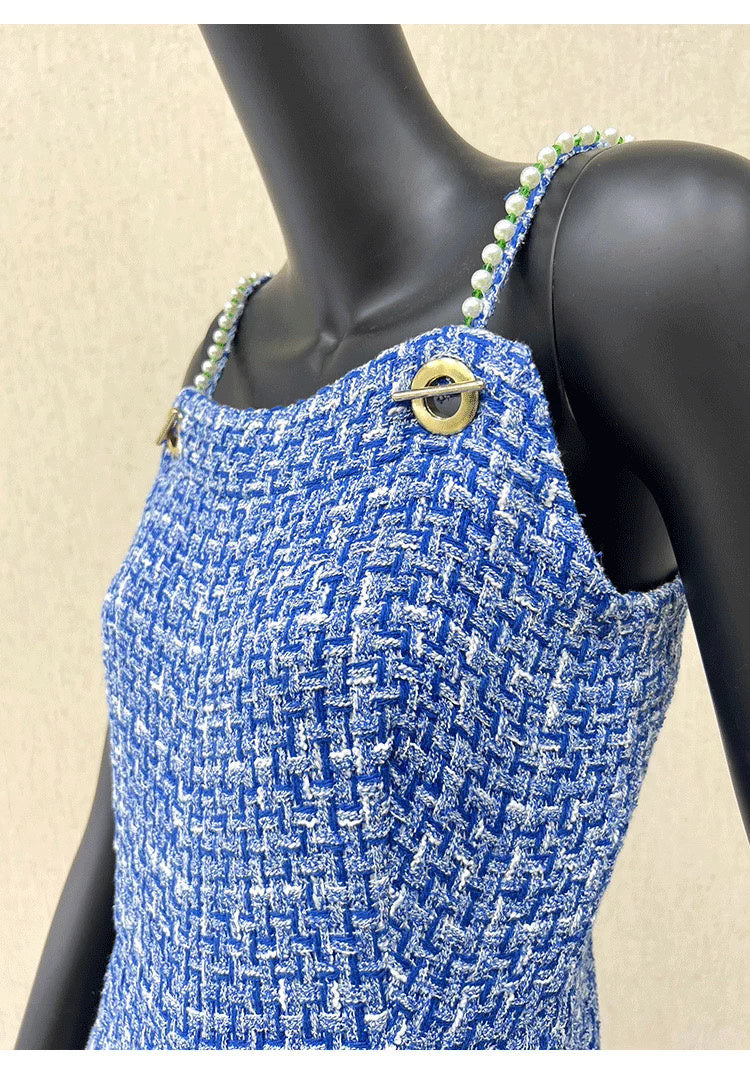 High-End -Style Jumpsuit for Women, Blue Spring and Autumn Strap Jumpsuit, Wide-Leg Long Pants, Tweed Unique Women's Clothing