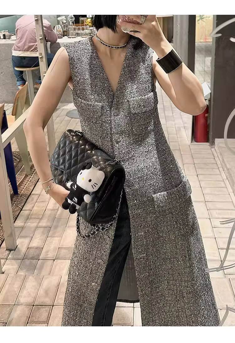 Spring Summer Little Style Women Mid-Length High-End Modern Gray Slim Fit Tweed Vest Dress Women's Clothing