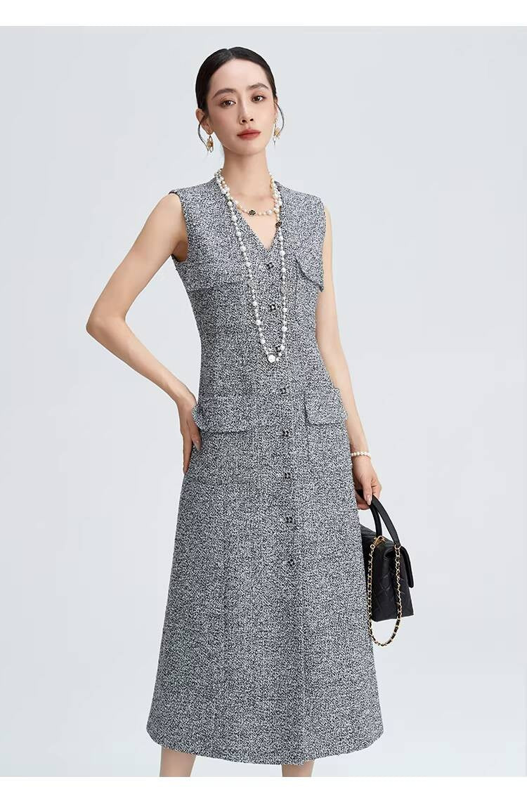 Spring Summer Little Style Women Mid-Length High-End Modern Gray Slim Fit Tweed Vest Dress Women's Clothing