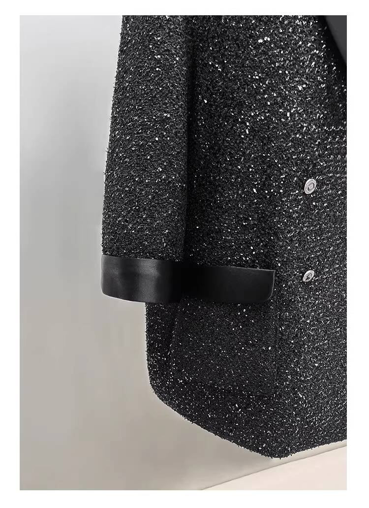 Shiny Silk Style Coat for Women, Socialite Autumn Winter New Black Loose Blazer, Thickened Mid-Length Tweed Overcoat