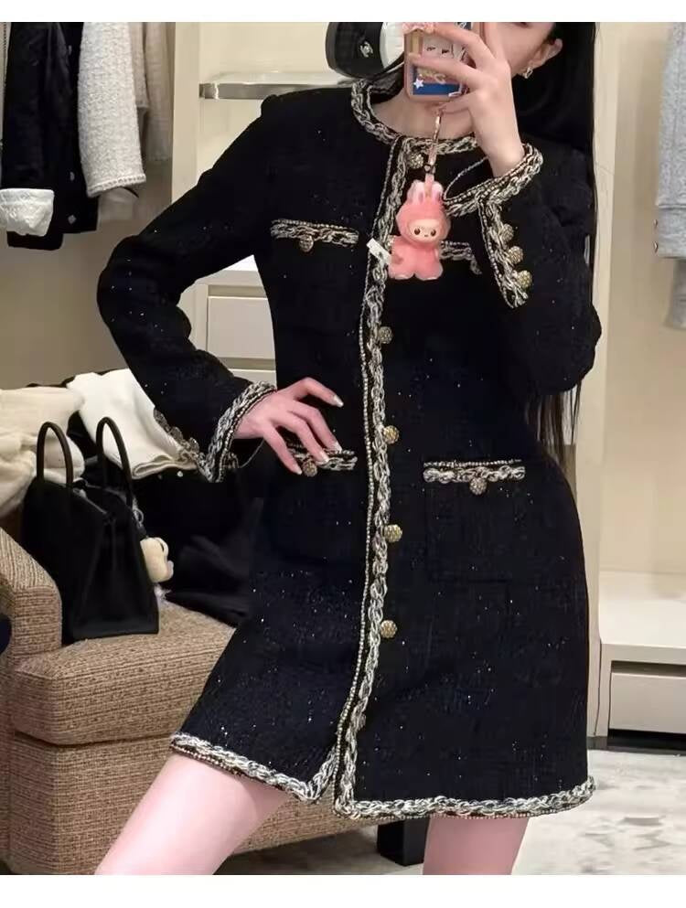 Little Black Long Style Elegant Coat for Women Mid-Length Metal Buckle Decorated Wool Tweed