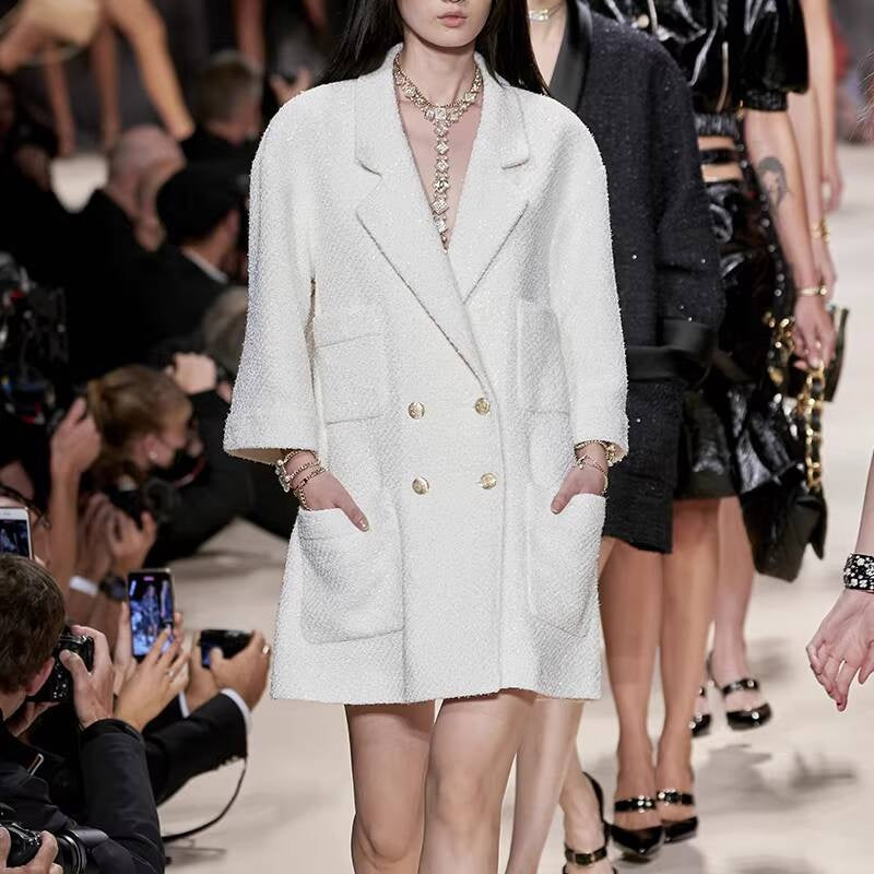 Shiny Silk Style Coat for Women, Socialite Autumn Winter New Black Loose Blazer, Thickened Mid-Length Tweed Overcoat
