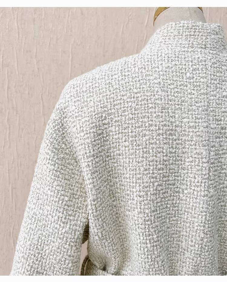 Autumn Winter New Off-White Wool Coat Wide-Leg Bathrobe Tweed Top Pants Socialite Celebrity Style Set