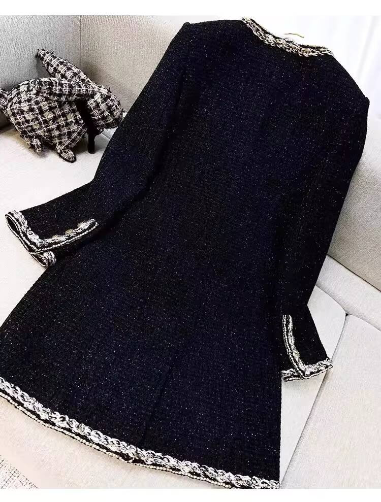 Little Black Long Style Elegant Coat for Women Mid-Length Metal Buckle Decorated Wool Tweed