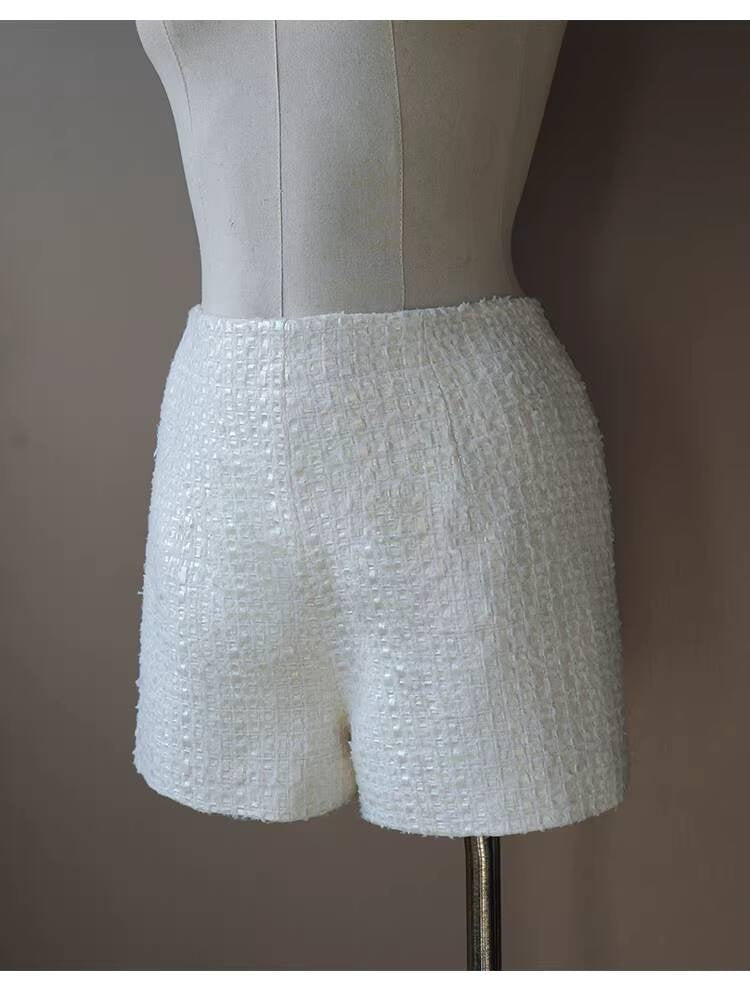 Style White Tweed Suit for Women, Autumn Winter, Socialite Jacket Shorts, Slimming and Elegant High-End Women's Clothing