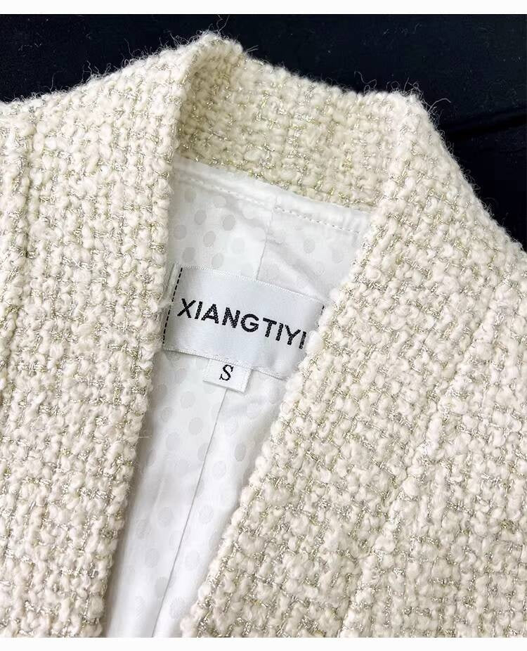 Autumn Winter New Off-White Wool Coat Wide-Leg Bathrobe Tweed Top Pants Socialite Celebrity Style Set