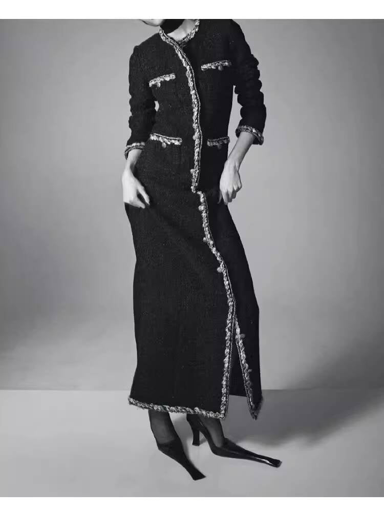 Little Black Long Style Elegant Coat for Women Mid-Length Metal Buckle Decorated Wool Tweed