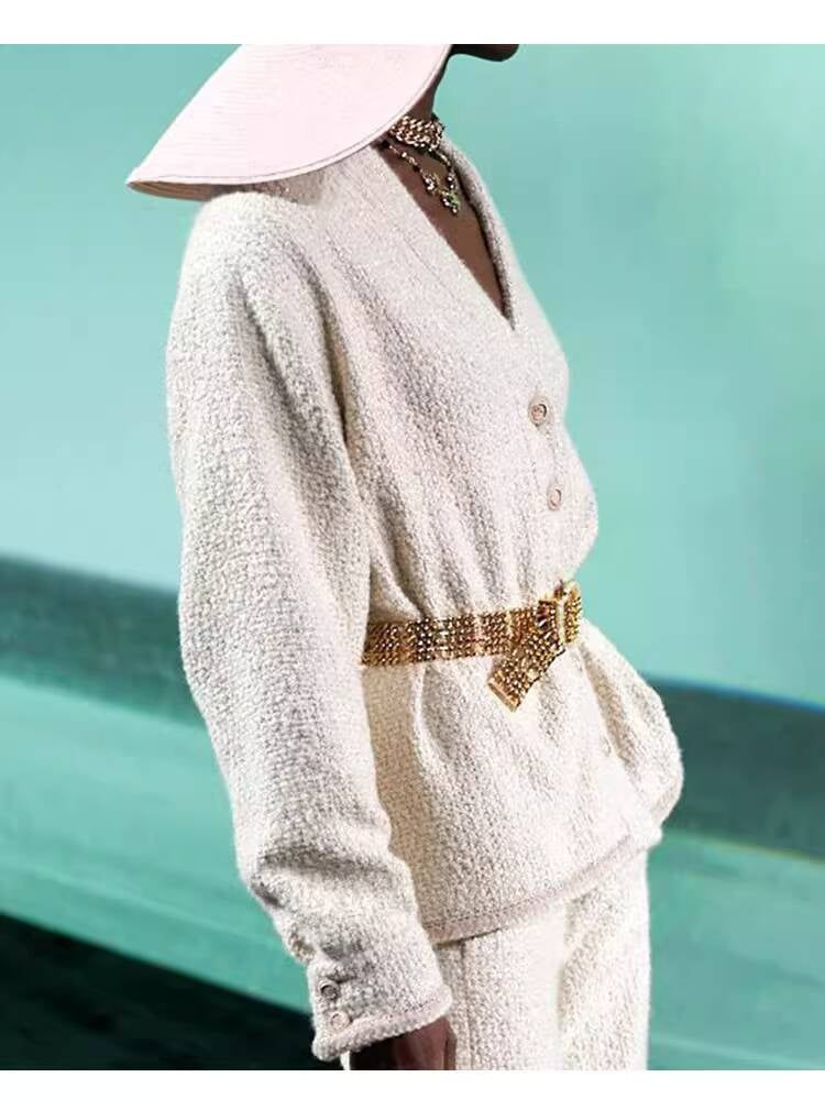 Autumn Winter New Off-White Wool Coat Wide-Leg Bathrobe Tweed Top Pants Socialite Celebrity Style Set