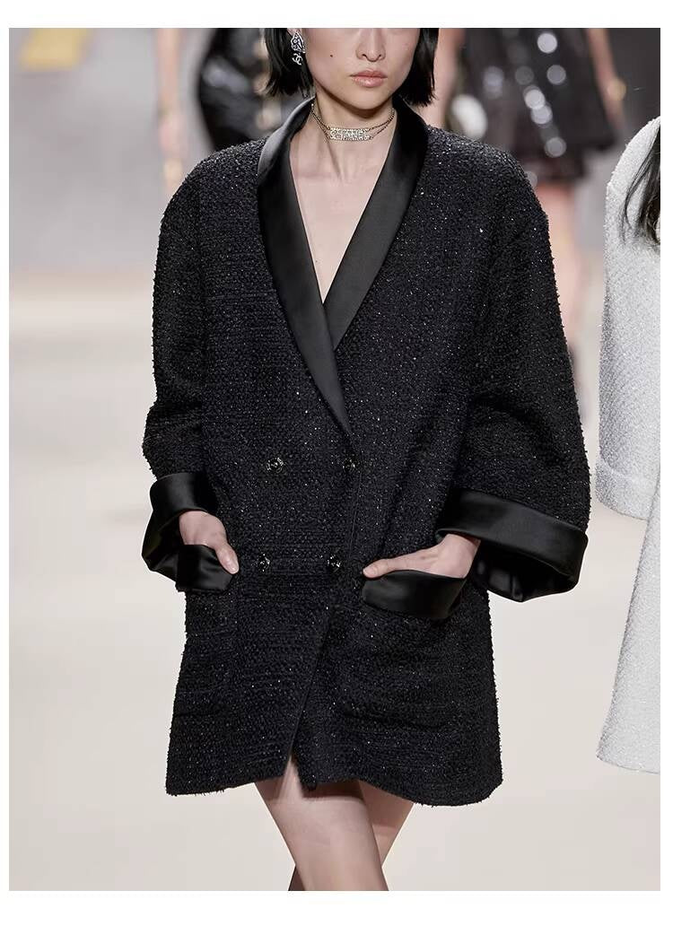 Shiny Silk Style Coat for Women, Socialite Autumn Winter New Black Loose Blazer, Thickened Mid-Length Tweed Overcoat