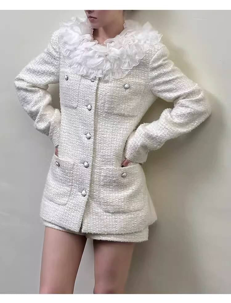 Style White Tweed Suit for Women, Autumn Winter, Socialite Jacket Shorts, Slimming and Elegant High-End Women's Clothing