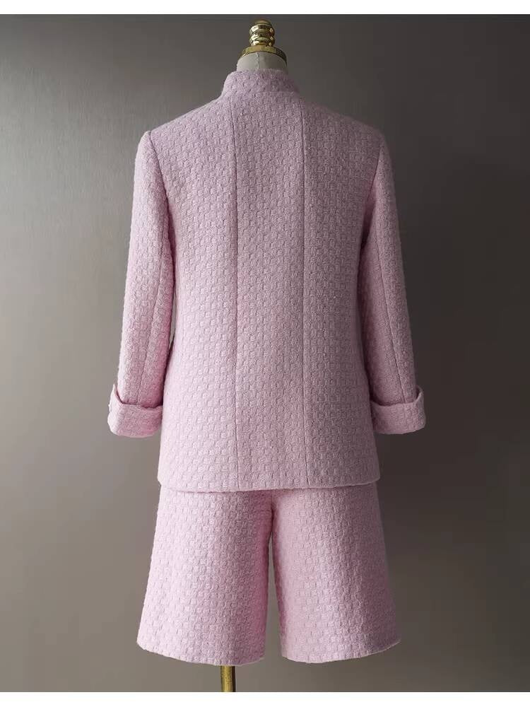 Spring and Autumn Little Style Socialite Elegant Suit Women's Coat Wide-Leg Mid-Length Pants Wool Tweed High-End Pink Two-Piece Set