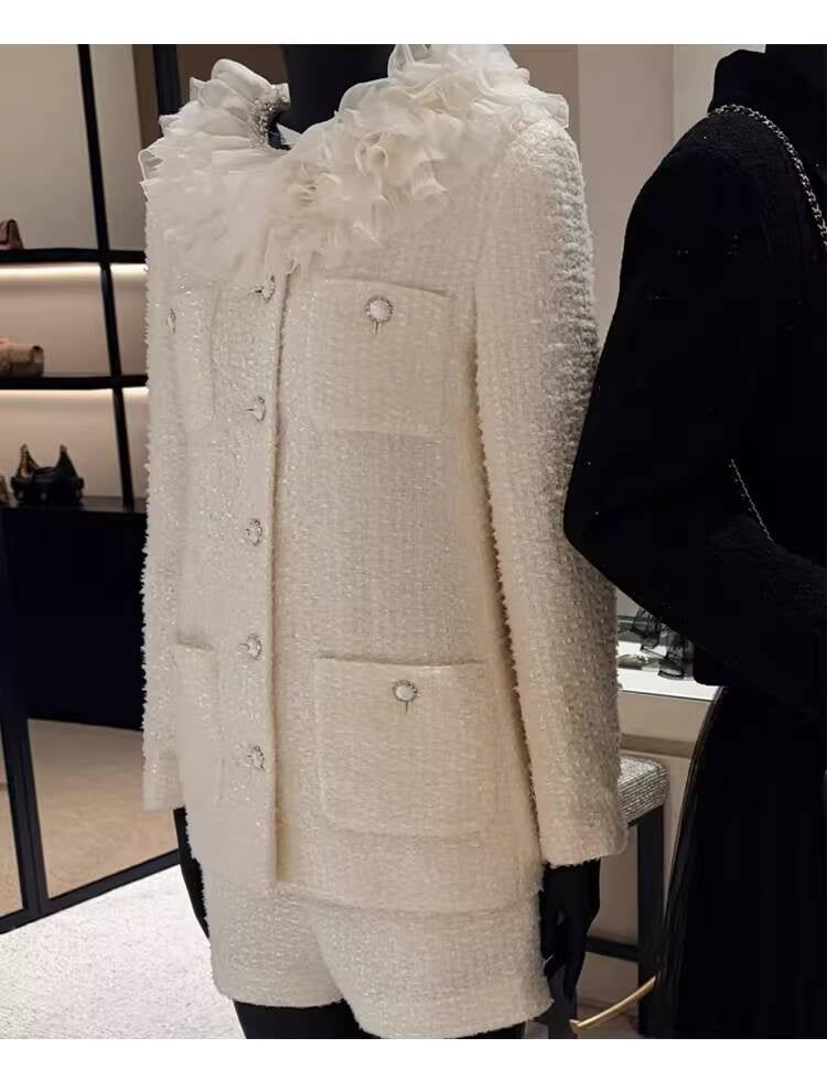 Style White Tweed Suit for Women, Autumn Winter, Socialite Jacket Shorts, Slimming and Elegant High-End Women's Clothing