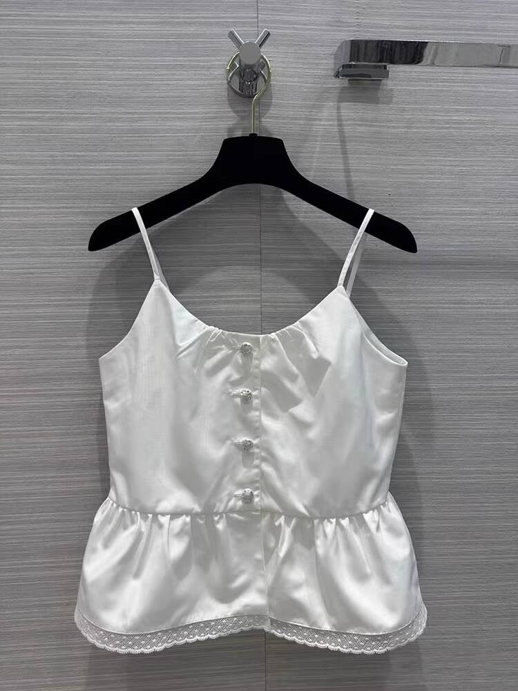 Summer New Little Style Camisole for Women, Waist-Cinching, Slimming, Age-Reducing, Versatile Lace Trim, Pearl Dot Rhinestone Buckle Small Vest