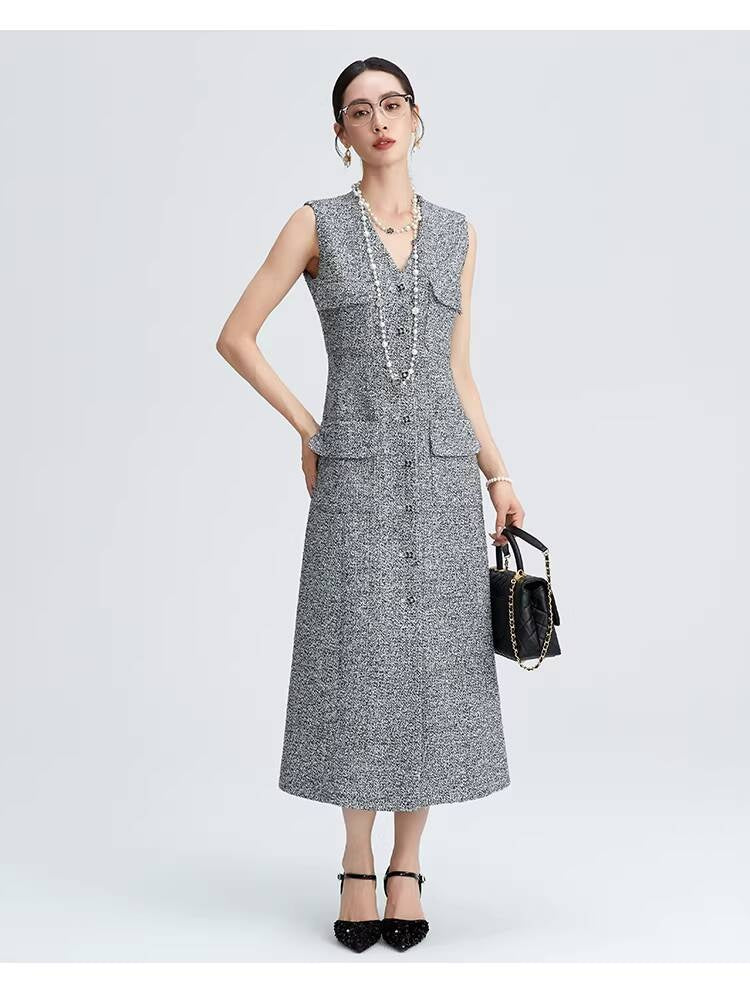 Spring Summer Little Style Women Mid-Length High-End Modern Gray Slim Fit Tweed Vest Dress Women's Clothing