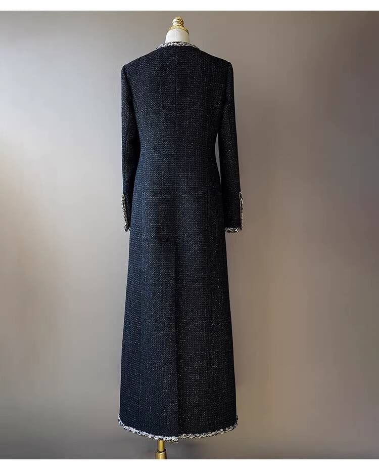 Little Black Long Style Elegant Coat for Women Mid-Length Metal Buckle Decorated Wool Tweed