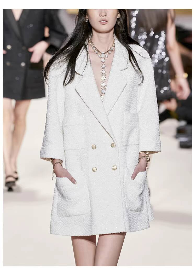 Shiny Silk Style Coat for Women, Socialite Autumn Winter New Black Loose Blazer, Thickened Mid-Length Tweed Overcoat