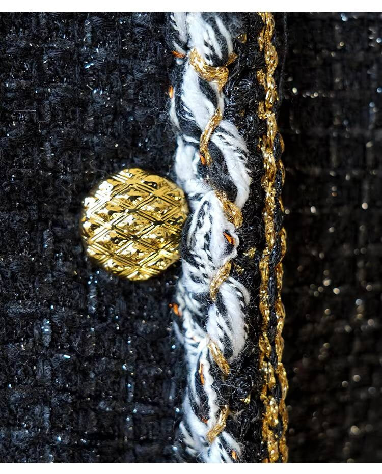 Little Black Long Style Elegant Coat for Women Mid-Length Metal Buckle Decorated Wool Tweed