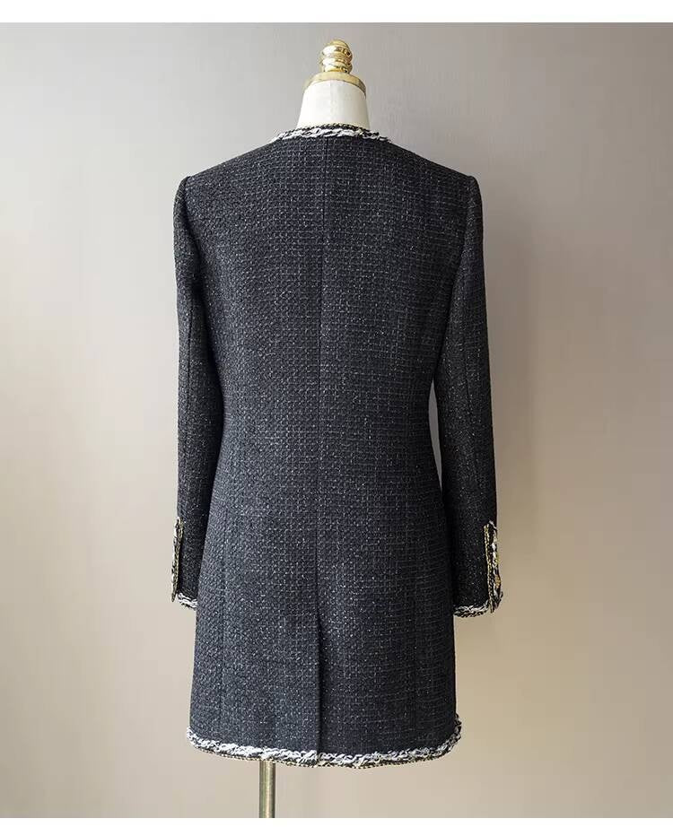 Little Black Long Style Elegant Coat for Women Mid-Length Metal Buckle Decorated Wool Tweed