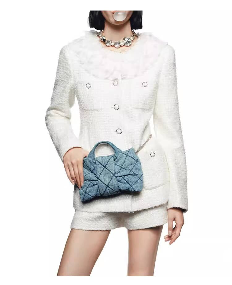 Style White Tweed Suit for Women, Autumn Winter, Socialite Jacket Shorts, Slimming and Elegant High-End Women's Clothing