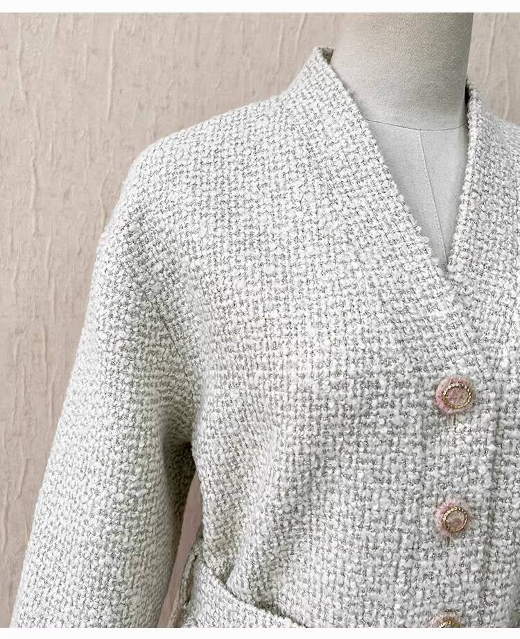 Autumn Winter New Off-White Wool Coat Wide-Leg Bathrobe Tweed Top Pants Socialite Celebrity Style Set
