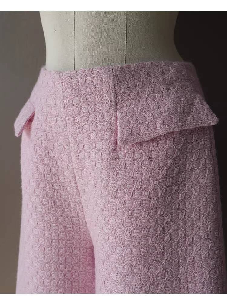 Spring and Autumn Little Style Socialite Elegant Suit Women's Coat Wide-Leg Mid-Length Pants Wool Tweed High-End Pink Two-Piece Set