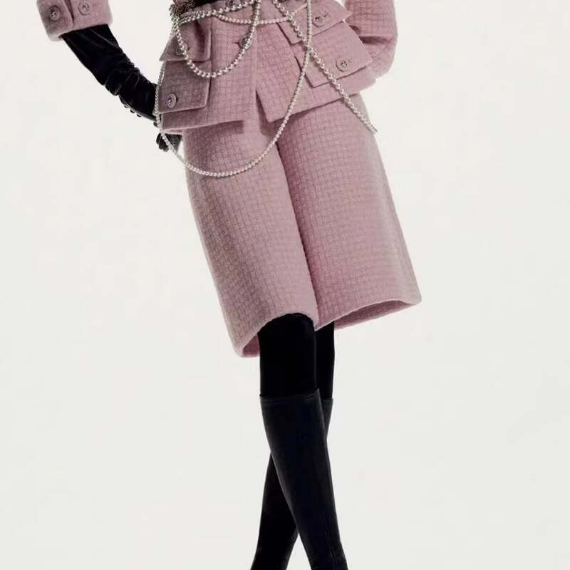 Spring and Autumn Little Style Socialite Elegant Suit Women's Coat Wide-Leg Mid-Length Pants Wool Tweed High-End Pink Two-Piece Set