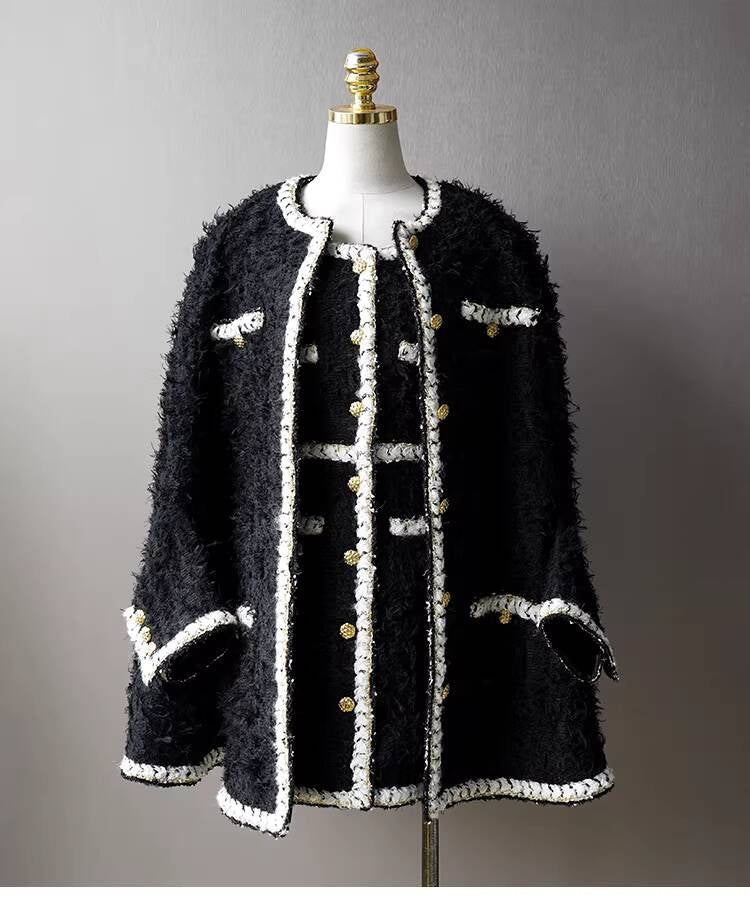 Wool Tweed Coat Women's Dress Black Gold Button Color-Block Suit Slimming Fashion Rich Girl Style