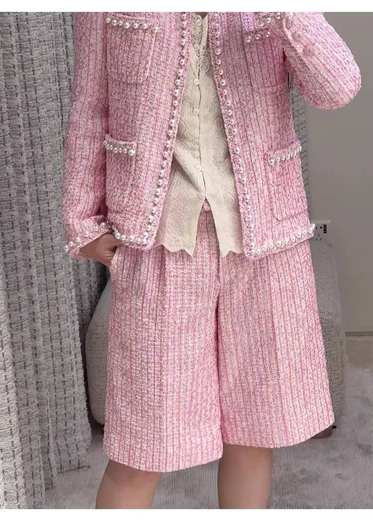 Spring Summer New Style Little Suit Jacket and Pants Wide-Leg Wool Tweed Elegant Versatile Slimming Socialite Women's Clothing