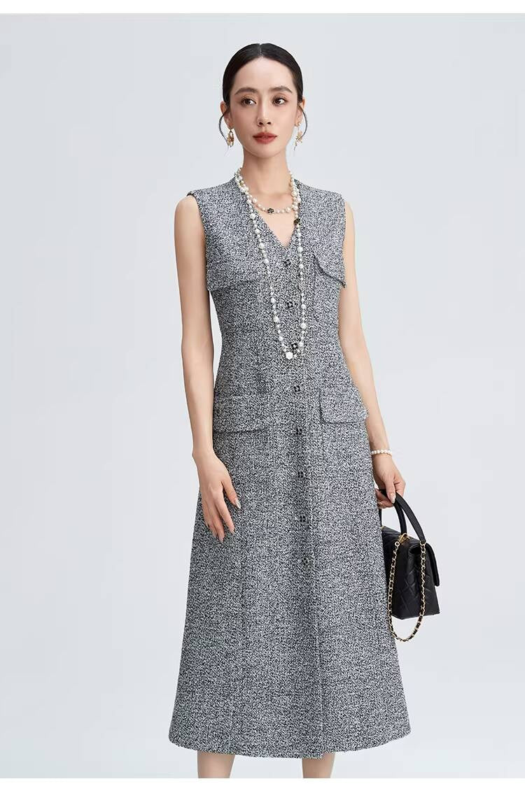 Spring Summer Little Style Women Mid-Length High-End Modern Gray Slim Fit Tweed Vest Dress Women's Clothing