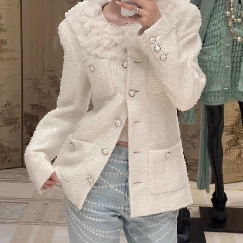 Style White Tweed Suit for Women, Autumn Winter, Socialite Jacket Shorts, Slimming and Elegant High-End Women's Clothing