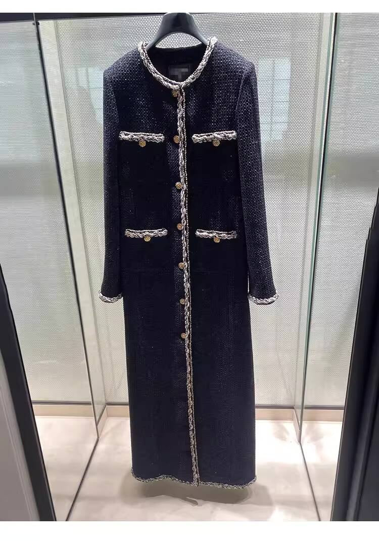 Little  Black Long Style Elegant Coat for Women Mid-Length Metal Buckle Decorated Wool Tweed