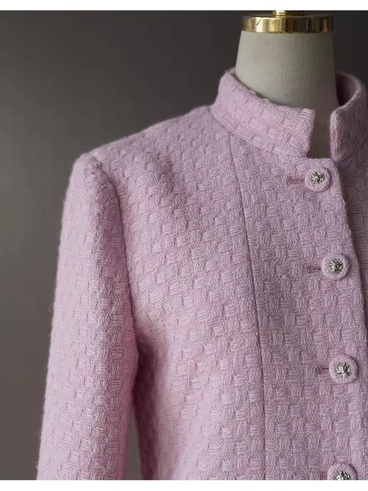 Spring and Autumn Little  Style Socialite Elegant Suit Women's Coat Wide-Leg Mid-Length Pants Wool Tweed High-End Pink Two-Piece Set