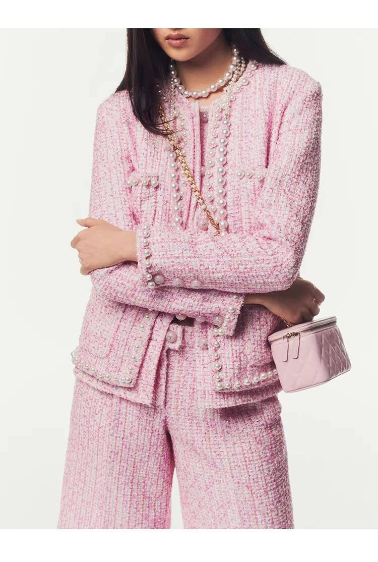 Spring Summer New Style Little  Suit Jacket and Pants Wide-Leg Wool Tweed Elegant Versatile Slimming Socialite Women's Clothing