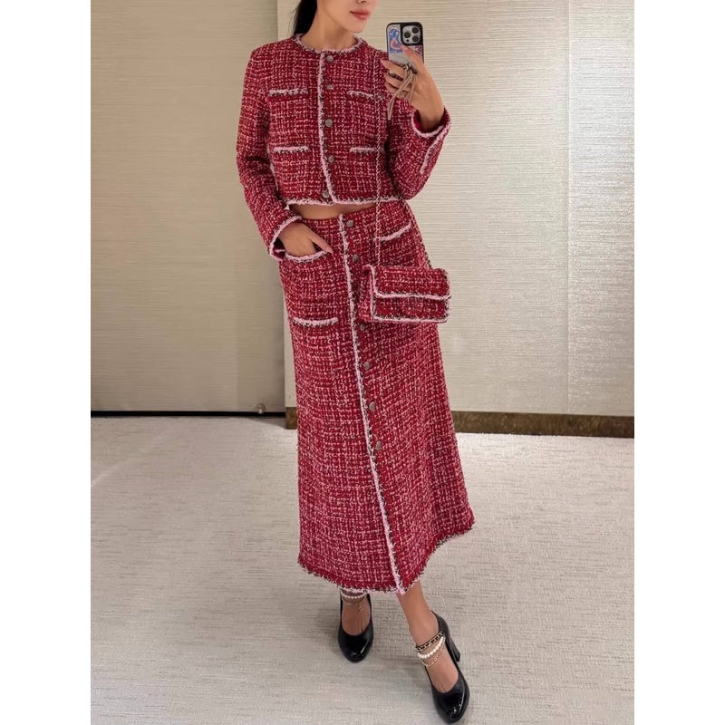 Autumn Winter Little  Style for Women Wool Tweed Coat Skirt Wide-Leg Pants Three-Piece Set Socialite Elegant Haute Couture