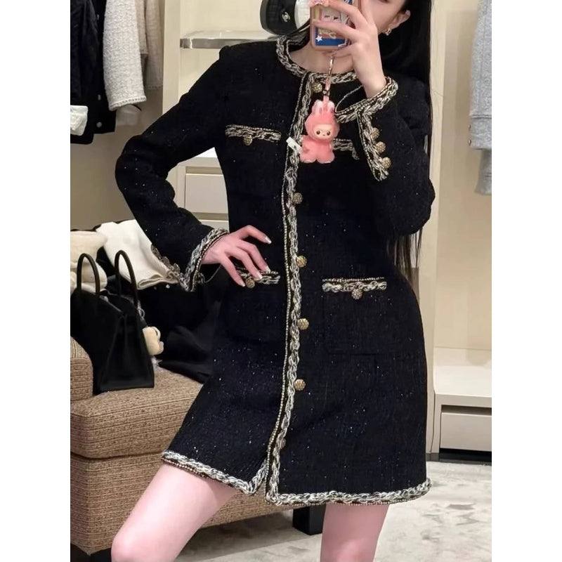 Little  Black Long Style Elegant Coat for Women Mid-Length Metal Buckle Decorated Wool Tweed