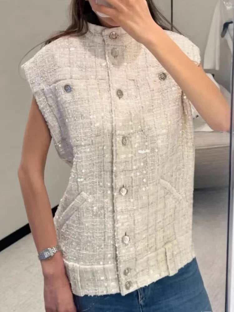 Spring Summer New Style Little  Suit Vest Jacket Waistcoat Mid-Length Wide-Leg Pants Sequin Tweed Socialite Two-Piece Set