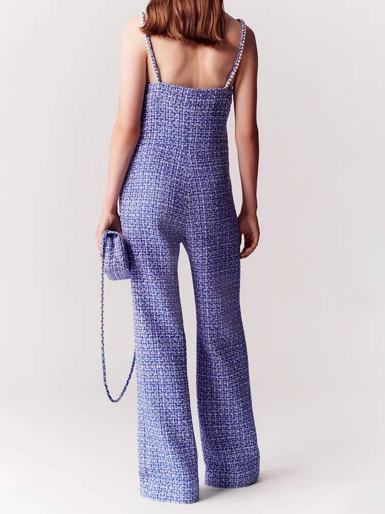 High-End -Style Jumpsuit for Women, Blue Spring and Autumn Strap Jumpsuit, Wide-Leg Long Pants, Tweed Unique Women's Clothing
