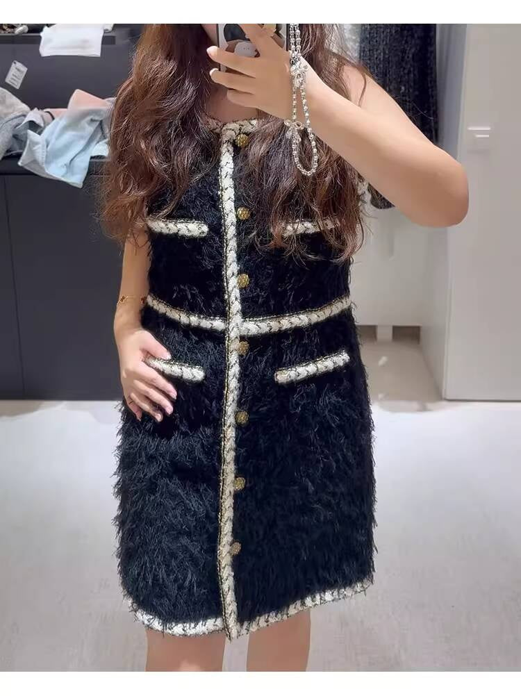 Wool Tweed Coat Women's Dress Black Gold Button Color-Block Suit Slimming Fashion Rich Girl Style