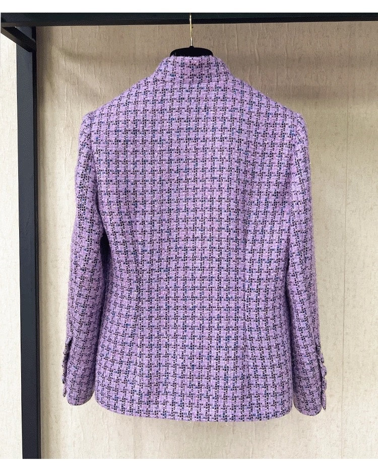 Autumn Winter New High-End Little  Style Wool Coat for Women Purple Plaid Soft Tweed Small Stand Collar Top Socialite Women's Clothing