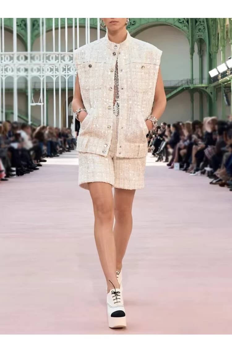 Spring Summer New Style Little  Suit Vest Jacket Waistcoat Mid-Length Wide-Leg Pants Sequin Tweed Socialite Two-Piece Set