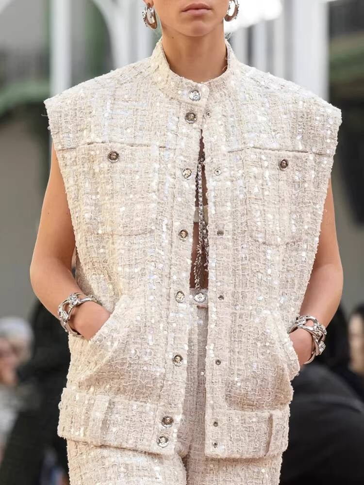 Spring Summer New Style Little  Suit Vest Jacket Waistcoat Mid-Length Wide-Leg Pants Sequin Tweed Socialite Two-Piece Set