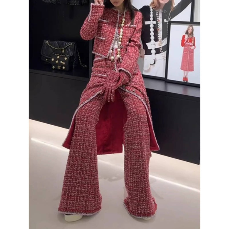 Autumn Winter Little  Style for Women Wool Tweed Coat Skirt Wide-Leg Pants Three-Piece Set Socialite Elegant Haute Couture