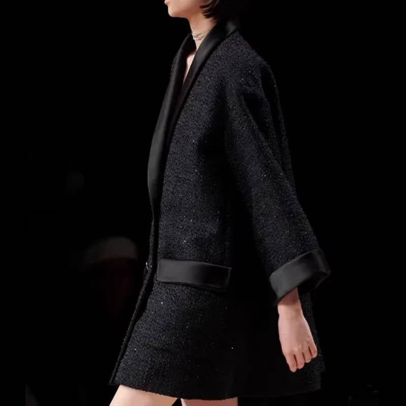 Shiny Silk  Style Coat for Women, Socialite Autumn Winter New Black Loose Blazer, Thickened Mid-Length Tweed Overcoat