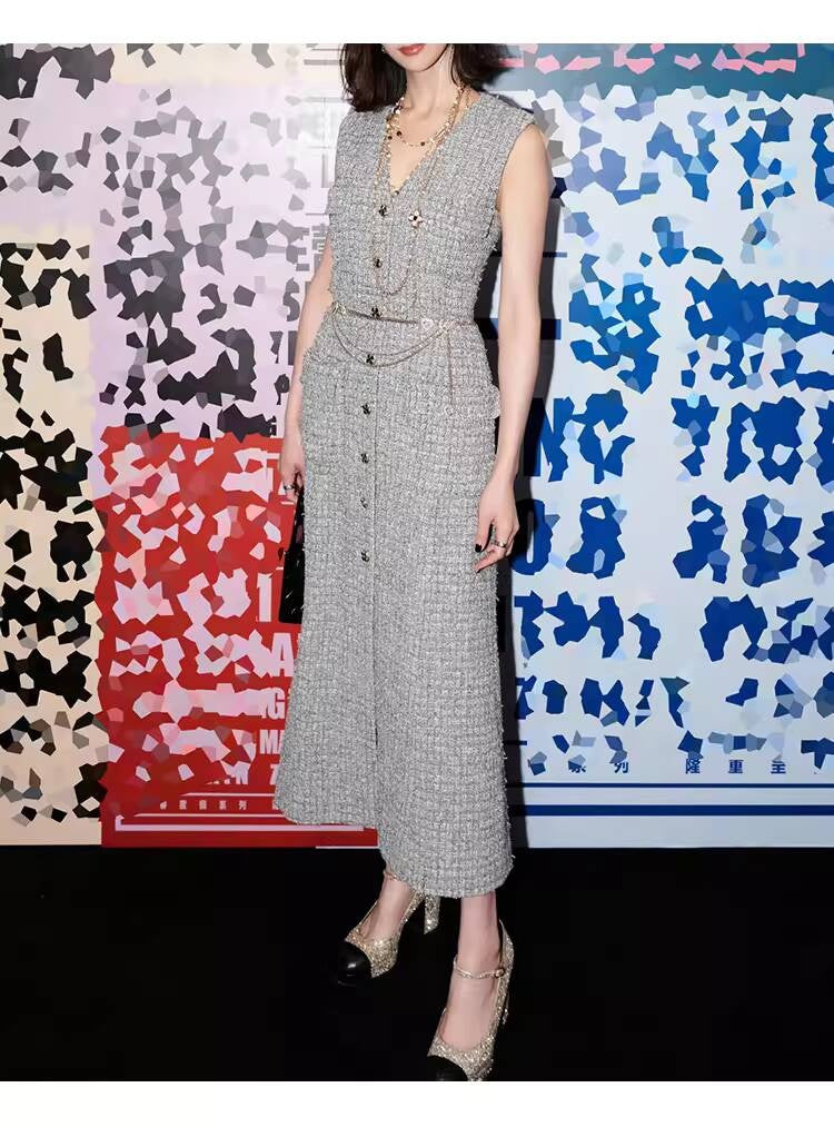 Spring Summer Little  Style Women Mid-Length High-End Modern Gray Slim Fit Tweed Vest Dress Women's Clothing