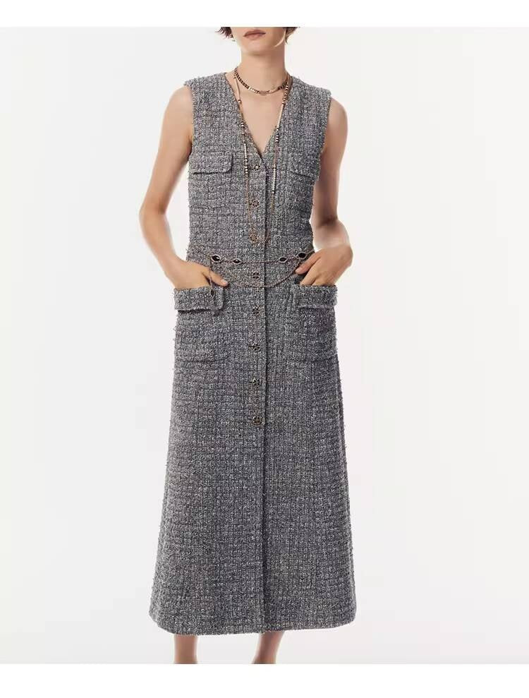 Spring Summer Little  Style Women Mid-Length High-End Modern Gray Slim Fit Tweed Vest Dress Women's Clothing