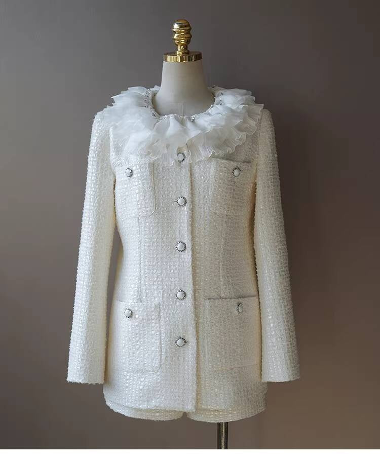 Style White Tweed Suit for Women, Autumn Winter, Socialite Jacket Shorts, Slimming and Elegant High-End Women's Clothing